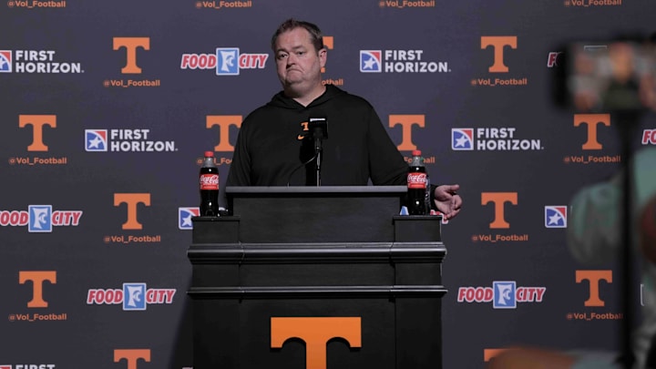 Tennessee head football coach Josh Heupel speaks to the media during football media day, in Knoxville, Tennessee, July 29, 2025.