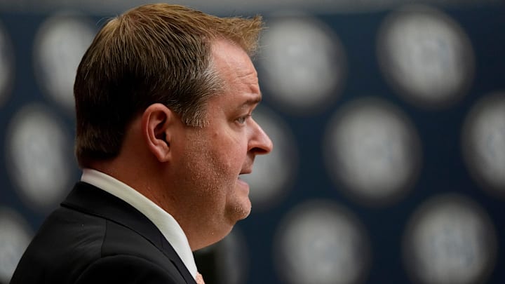 July 15, 2025; Atlanta, GA, USA; Tennessee head coach Josh Heupel speaks in the Main Media Room during SEC Media Days at the College Football Hall of Fame in Atlanta.