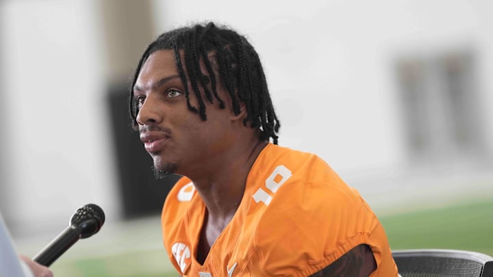 Tennessee running back DeSean Bishop (18) speaks to the media during football media day, in Knoxville, Tennessee, July 29, 2025.