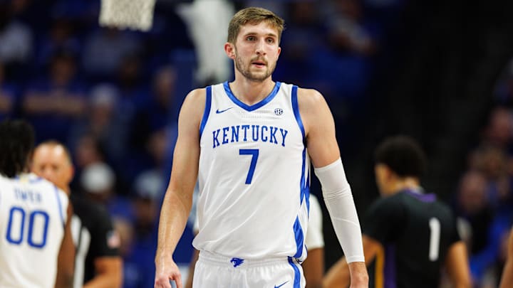Oct 29, 2024; Lexington, KY, USA; Kentucky Wildcats forward Andrew Carr (7) walks down the court during the first half against the Minnesota State Mavericks at Rupp Arena. Mandatory Credit: Jordan Prather-Imagn Images