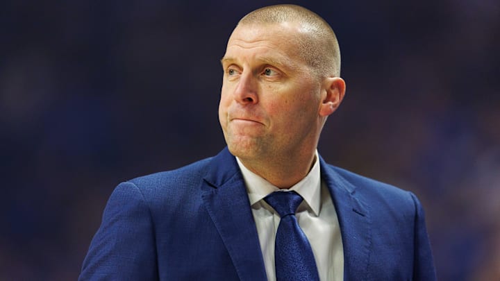 Nov 22, 2024; Lexington, Kentucky, USA; Kentucky Wildcats head coach Mark Pope looks on during the first half against the Jackson State Tigers at Rupp Arena at Central Bank Center. Mandatory Credit: Jordan Prather-Imagn Images