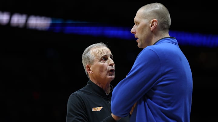 Mar 28, 2025; Indianapolis, IN, USA; Kentucky Wildcats head coach Mark Pope and Tennessee Volunteers head coach Rick Barnes talk after the game for the Midwest Regional semifinal of the 2025 NCAA tournament at Lucas Oil Stadium. Mandatory Credit: Trevor Ruszkowski-Imagn Images