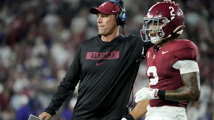Nov 8, 2025; Tuscaloosa, Alabama, USA; Alabama head coach Kalen DeBoer congratulates Alabama defensive back Zabien Brown (2) as he leaves the field after a stop against LSU at Saban Field at Bryant-Denny Stadium. Alabama defeated LSU 20-9. Mandatory Credit: Gary Cosby Jr.-Imagn Images Nov 8, 2025; Tuscaloosa, Alabama, USA; Alabama head coach Kalen DeBoer congratulates Alabama defensive back Zabien Brown (2) as he leaves the field after a stop against LSU at Saban Field at Bryant-Denny Stadium. Alabama defeated LSU 20-9. Mandatory Credit: Gary Cosby Jr.-Imagn Images