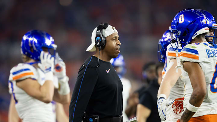 Dec 31, 2024; Glendale, AZ, USA; Boise State Broncos safeties coach Tyler Stockton against the Penn State Nittany Lions during the Fiesta Bowl at State Farm Stadium. Mandatory Credit: Mark J. Rebilas-Imagn Images