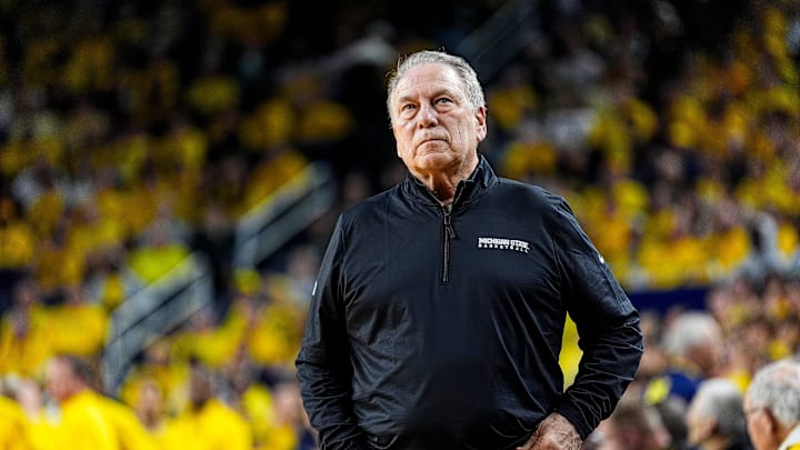 Michigan State head coach Tom Izzo looks on after a play against Michigan during the first half at Crisler Center in Ann Arbor on Sunday, March 8, 2026. Michigan State head coach Tom Izzo looks on after a play against Michigan during the first half at Crisler Center in Ann Arbor on Sunday, March 8, 2026.