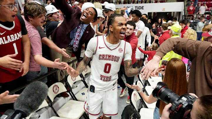 Feb 18, 2026; Tuscaloosa, AL, USA; Alabama guard Labaron Philon Jr. (0) leads the team through the fan gauntlet at Coleman Coliseum. Alabama defeated Arkansas 117-115 in double overtime. Philon led Alabama with 35 points. Mandatory Credit: Gary Cosby Jr.-Tuscaloosa News