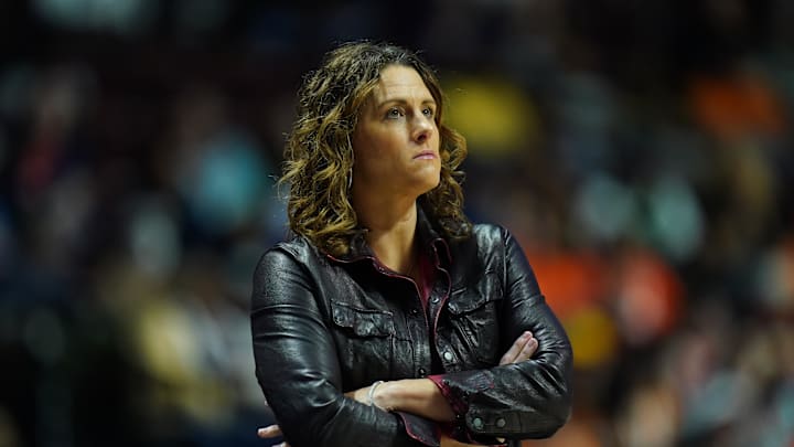 Oct 6, 2024; Uncasville, Connecticut, USA; Connecticut Sun head coach Stephanie White watches from the sideline as they take on the Minnesota Lynx during game four of the 2024 WNBA Semi-finals at Mohegan Sun Arena. Mandatory Credit: David Butler II-Imagn Images