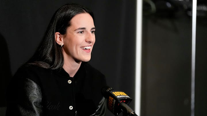Caitlin Clark speaks to the media before the Iowa women’s bakset ball game against USC and her jersey retirement Sunday, Feb. 2, 2025 at Carver-Hawkeye Arena in Iowa City, Iowa.