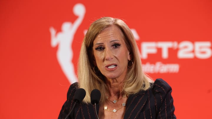 Apr 14, 2025; New York, New York, USA; WNBA commissioner Cathy Engelbert talks to the media before the 2025 WNBA Draft at The Shed at Hudson Yards. Mandatory Credit: Vincent Carchietta-Imagn Images