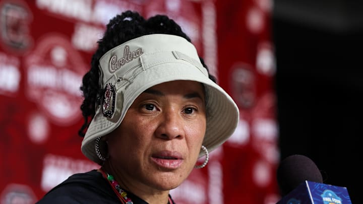 Apr 5, 2025; Tampa, FL, USA; South Carolina Gamecocks head coach Dawn Staley talks to media before practice at Amalie Arena. Mandatory Credit: Nathan Ray Seebeck-Imagn Images