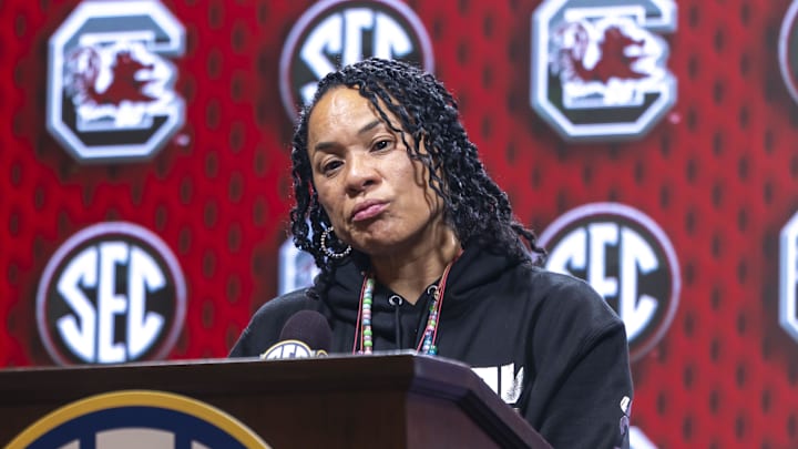 Oct 14, 2025; Birmingham, AL, USA; South Carolina Gamecocks head coach Dawn Staley talks with the media during SEC Media Days at Grand Bohemian Hotel. Mandatory Credit: Vasha Hunt-Imagn Images