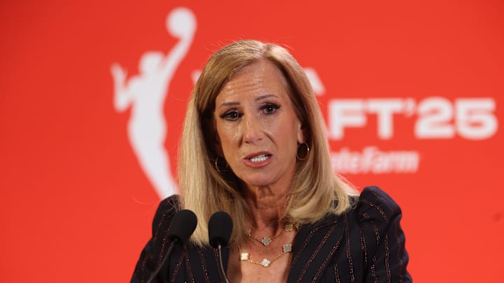 Apr 14, 2025; New York, New York, USA; WNBA commissioner Cathy Engelbert talks to the media before the 2025 WNBA Draft at The Shed at Hudson Yards. Mandatory Credit: Vincent Carchietta-Imagn Images