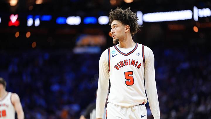 Mar 20, 2026; Philadelphia, PA, USA; Virginia Cavaliers guard Sam Lewis (5) looks on during the second half against the Wright State Raiders during a first round game of the men's 2026 NCAA Tournament at Xfinity Mobile Arena. Mandatory Credit: Kyle Ross-Imagn Images Mar 20, 2026; Philadelphia, PA, USA; Virginia Cavaliers guard Sam Lewis (5) looks on during the second half against the Wright State Raiders during a first round game of the men's 2026 NCAA Tournament at Xfinity Mobile Arena. Mandatory Credit: Kyle Ross-Imagn Images