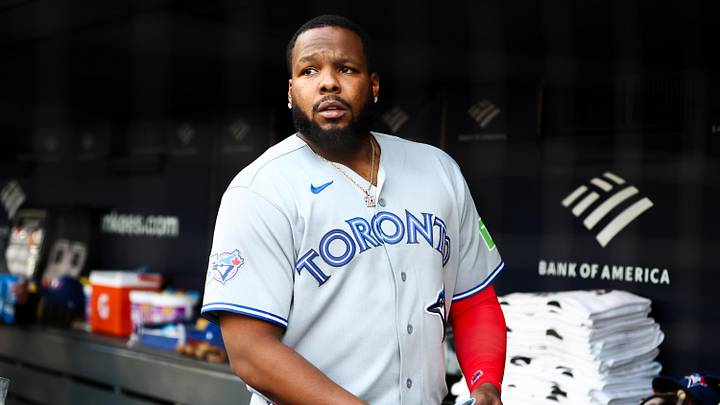 May 19, 2026; Bronx, New York, USA;  Toronto Blue Jays first baseman Vladimir Guerrero Jr. (27) watches from the dugout prior to the start of the game against the New York Yankees at Yankee Stadium. Mandatory Credit: Wendell Cruz-Imagn Images