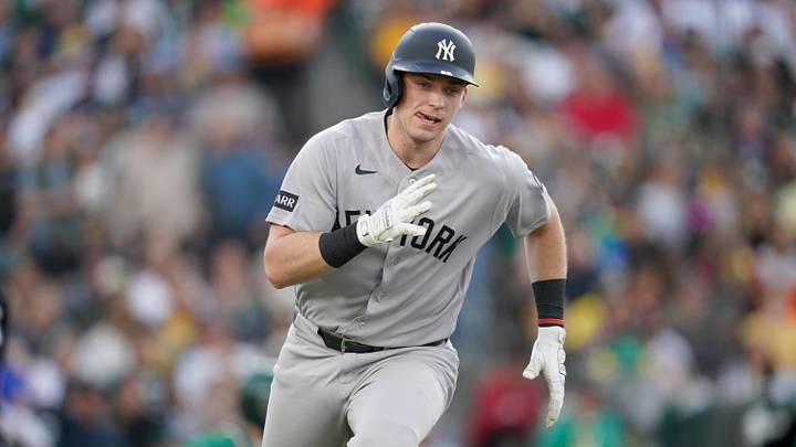 New York Yankees designated hitter Ben Rice (22) hits an RBI single against the Athletics in the second inning at Sutter Health Park. New York Yankees designated hitter Ben Rice (22) hits an RBI single against the Athletics in the second inning at Sutter Health Park.