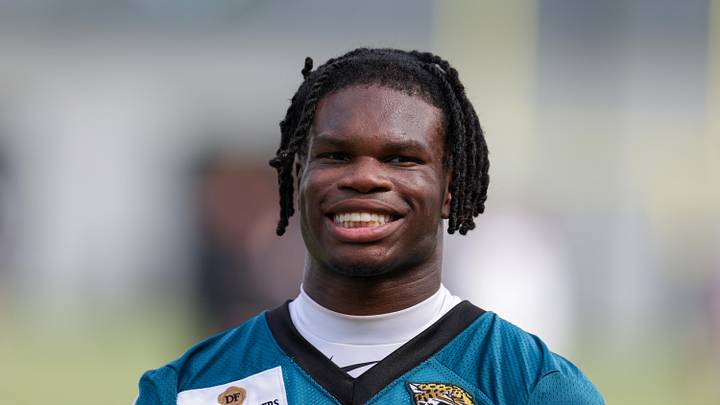 Jul 23, 2025; Jacksonville, FL, USA; Jacksonville Jaguars wide receiver Travis Hunter (12) looks on after training camp at Miller Electric Center. Mandatory Credit: Nathan Ray Seebeck-Imagn Images