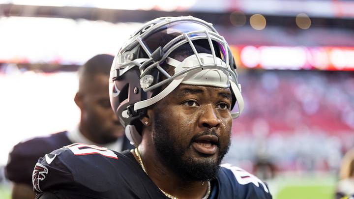 Dec 21, 2025; Glendale, Arizona, USA; Atlanta Falcons defensive lineman David Onyemata (90) against the Arizona Cardinals at State Farm Stadium. Mandatory Credit: Mark J. Rebilas-Imagn Images