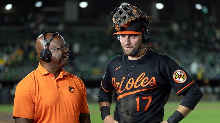 Aug 29, 2026; West Sacramento, California, USA;  Baltimore Orioles center fielder Colton Cowser (17) talks to a television interviewer following a victory over the Athletics at Sutter Health Park.  Mandatory Credit: D. Ross Cameron-Imagn Images