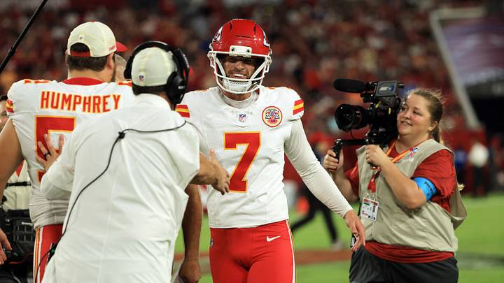 Aug 22, 2026; Tampa, Florida, USA;  Kansas City Chiefs kicker Harrison Butker (7) celebrates after making a 69- yard field goal against the Tampa Bay Buccaneers during the first half at Raymond James Stadium.  Mandatory Credit: Kim Klement Neitzel-Imagn Images