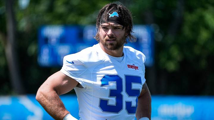 Detroit Lions linebacker Joe Bachie (35) during OTAs at Meijer Performance Center in Allen Park on Friday, May 29, 2026.