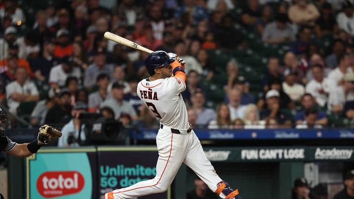 Sep 2, 2026; Houston, Texas, USA;  Houston Astros shortstop Jeremy Pena (3) hits a single during the fifth inning against the Chicago White Sox at Daikin Park.  Mandatory Credit: Troy Taormina-Imagn Images