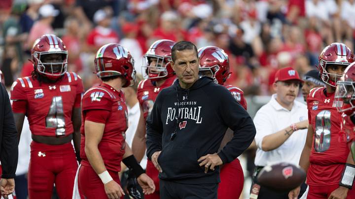 Sep 6, 2026; Green Bay, Wisconsin, USA;  Wisconsin Badgers head coach Luke Fickell reacts at Lambeau Field.  Mandatory Credit: Trevor Ruszkowski-Imagn Images