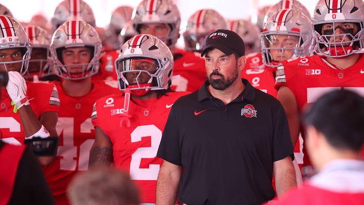 Sep 19, 2026; Columbus, Ohio, USA;  Ohio State Buckeyes head coach Ryan Day takes his team to the field before the game against the Kent State Golden Flashes at Ohio Stadium.  Mandatory Credit: Joseph Maiorana-Imagn Images