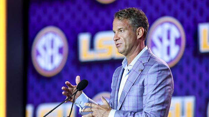 Jul 23, 2026; Tampa, FL, USA; LSU Tigers head coach Lane Kiffin speaks to the press during SEC Football Kickoff Media Day at the Tampa Marriott. Mandatory Credit: Nathan Ray Seebeck-Imagn Images