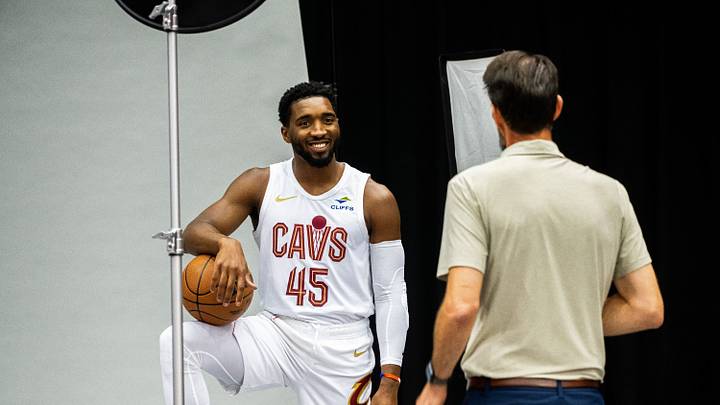 Sep 28, 2026; Cleveland, OH, USA; Cleveland Cavaliers guard Donovan Mitchell (45) poses for a photo during media day at Rocket Arena. Mandatory Credit: Ken Blaze-Imagn Images