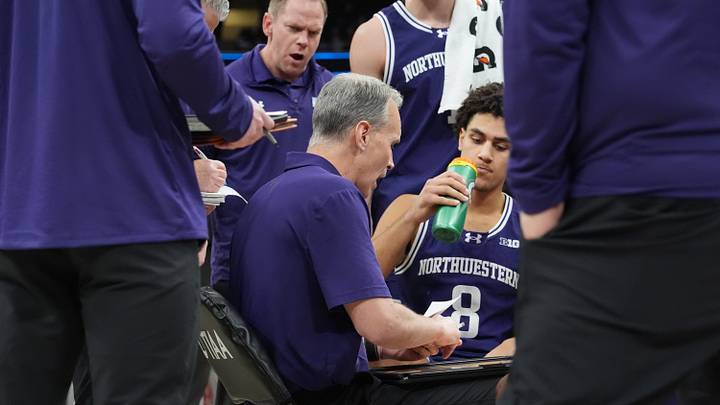 Mar 11, 2026; Chicago, IL, USA; Northwestern Wildcats head coach Chris Collins talks to his team against the Indiana Hoosiers during the first half at United Center. Mandatory Credit: David Banks-Imagn Images