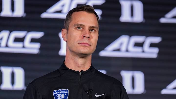 Oct 7, 2026; Charlotte, NC, USA; Duke Blue Devils head coach Jon Scheyer answers questions from the media during the ACC Tip-Off in Charlotte, NC. Mandatory Credit: Jim Dedmon-Imagn Images