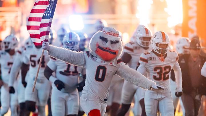 Jan 19, 2026; Miami Gardens, FL, USA; Miami Hurricanes mascot Sebastian the Ibis during the College Football Playoff National Championship game at Hard Rock Stadium. Mandatory Credit: Mark J. Rebilas-Imagn Images