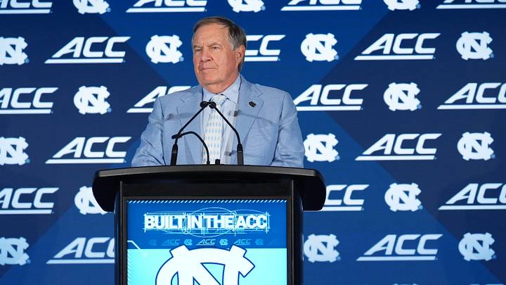 Jul 17, 2026; Charlotte, NC, USA; North Carolina head coach Bill Belichick talks with the media during interviews at Hilton Charlotte Uptown. Mandatory Credit: Jim Dedmon-Imagn Images