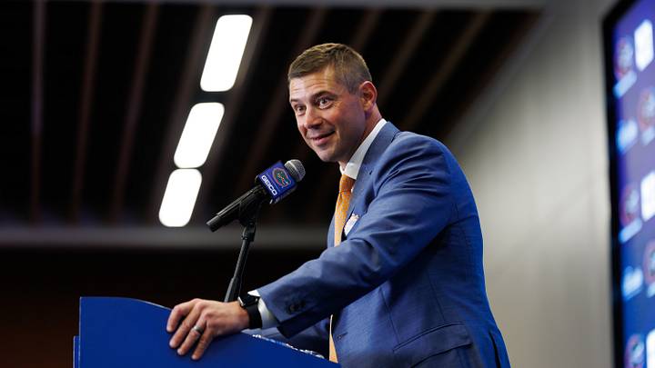 Dec 1, 2025; Gainesville, FL, USA; Florida Gators head coach Jon Sumrall talks during the press conference at the Heavener Football Training Center at the University of Florida. Mandatory Credit: Matt Pendleton-Imagn Images Dec 1, 2025; Gainesville, FL, USA; Florida Gators head coach Jon Sumrall talks during the press conference at the Heavener Football Training Center at the University of Florida. Mandatory Credit: Matt Pendleton-Imagn Images