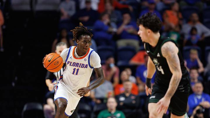 Dec 29, 2024; Gainesville, Florida, USA; Florida Gators guard Denzel Aberdeen (11) dribbles the ball at Stetson Hatters guard Daniel Macgregor (4) during the second half at Exactech Arena at the Stephen C. O'Connell Center. Mandatory Credit: Matt Pendleton-Imagn Images