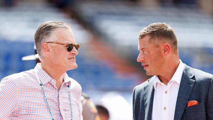 Sep 12, 2026; Gainesville, Florida, USA;  Florida Gators athletic director Scott Stricklin and Florida Gators head coach Jon Sumrall talk before a game against the Campbell Fighting Camels at Ben Hill Griffin Stadium.  Mandatory Credit: Matt Pendleton-Imagn Images