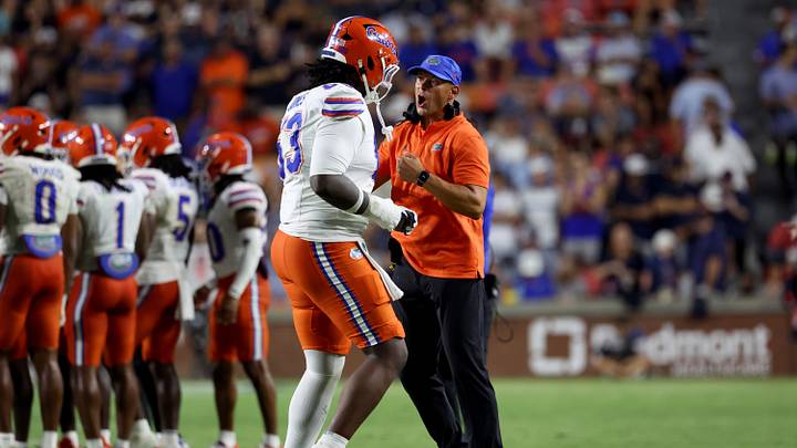 Sep 19, 2026; Auburn, Alabama, USA;  Florida Gators head coach Jon Sumrall has words with offensive lineman Caden Jones (63) during the fourth quarter against the Auburn Tigers at Jordan-Hare Stadium.  Mandatory Credit: John Reed-Imagn Images