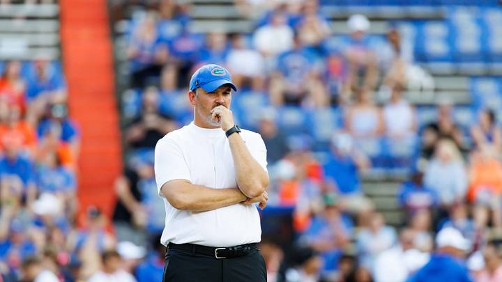 Sep 12, 2026; Gainesville, Florida, USA; Florida Gators defensive coordinator Brad White looks on before a game against the Campbell Fighting Camels at Ben Hill Griffin Stadium. Mandatory Credit: Matt Pendleton-Imagn Images