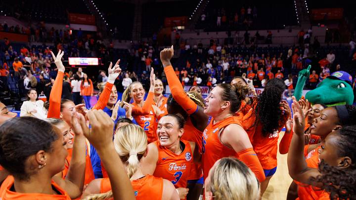 Oct 4, 2026; Gainesville, Florida, USA; Florida Gators defensive specialist Emerson Hoyle (3) and Florida Gators middle blocker Alec Rothe (25) celebrate with teammates after a game against the Kentucky Wildcats at Stephen C. OConnell Center. Mandatory Credit: Matt Pendleton-Imagn Images Oct 4, 2026; Gainesville, Florida, USA; Florida Gators defensive specialist Emerson Hoyle (3) and Florida Gators middle blocker Alec Rothe (25) celebrate with teammates after a game against the Kentucky Wildcats at Stephen C. OConnell Center. Mandatory Credit: Matt Pendleton-Imagn Images