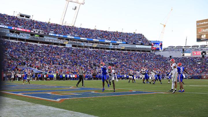 A pass sails off the mark intended for Florida Gators wide receiver TJ Abrams (4) as safety Zion Branch (2) defends during the third quarter of an NCAA football game, Saturday, Nov. 1, 2025, at EverBank Stadium in Jacksonville, Fla. Georgia held off Florida 24-20. [Corey Perrine/Florida Times-Union]