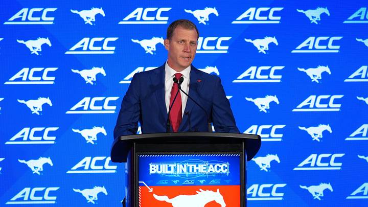 Jul 17, 2026; Charlotte, NC, USA; SMU head coach Rhett Lashlee speaks to the media at Hilton Charlotte Uptown. Mandatory Credit: Jim Dedmon-Imagn Images Jul 17, 2026; Charlotte, NC, USA; SMU head coach Rhett Lashlee speaks to the media at Hilton Charlotte Uptown. Mandatory Credit: Jim Dedmon-Imagn Images