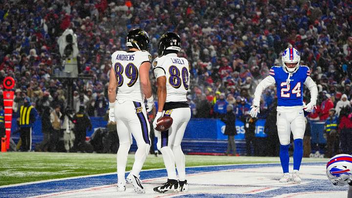 Isaiah Likely celebrates with Mark Andrews after scoring a touchdown during the fourth quarter against the Buffalo Bills.