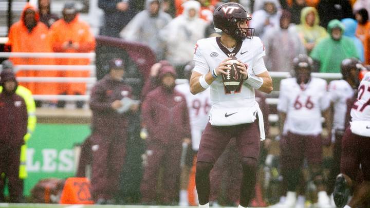 Sep 26, 2026; Chestnut Hill, Massachusetts, USA; Virginia Tech Hokies quarterback Ethan Grunkemeyer (17) drops back to pass in the first half against the Boston College Eagles at Alumni Stadium. Mandatory Credit: Edward Finan-Imagn Images