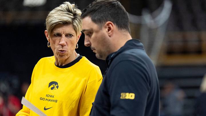 Iowa head coach Jan Jensen talks to assistant coach Sean Sullivan Oct. 13, 2026 during an Iowa women’s basketball practice at Carver-Hawkeye Arena in Iowa City, Iowa. Iowa head coach Jan Jensen talks to assistant coach Sean Sullivan Oct. 13, 2026 during an Iowa women’s basketball practice at Carver-Hawkeye Arena in Iowa City, Iowa.