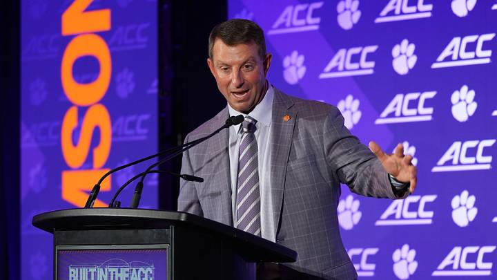 Jul 16, 2026; Charlotte, NC, USA; Clemson head coach Dabo Swinney speaks to the media during Media Day at Hilton Charlotte Uptown. Mandatory Credit: Jim Dedmon-Imagn Images Jul 16, 2026; Charlotte, NC, USA; Clemson head coach Dabo Swinney speaks to the media during Media Day at Hilton Charlotte Uptown. Mandatory Credit: Jim Dedmon-Imagn Images