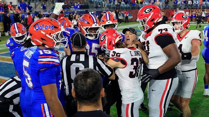 A small scuffle occurs between the Florida Gators and the Georgia Bulldogs after an NCAA football game, Saturday, Nov. 1, 2025, at EverBank Stadium in Jacksonville, Fla. Georgia held off Florida 24-20. [Corey Perrine/Florida Times-Union]