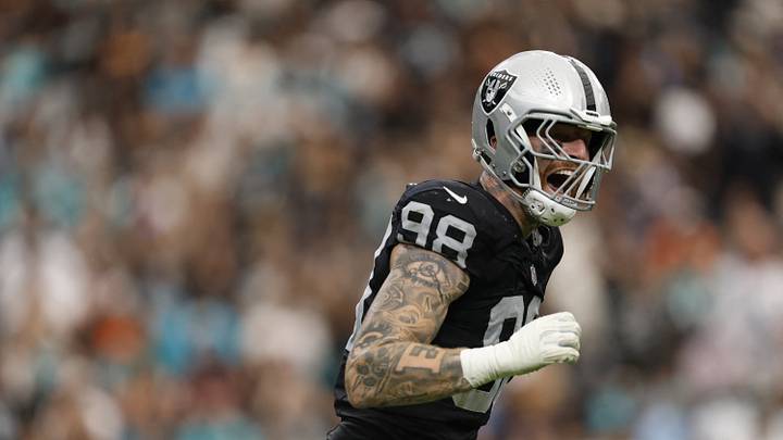 Sep 13, 2026; Paradise, Nevada, USA;  Las Vegas Raiders defensive end Maxx Crosby (98) reacts after sacking Miami Dolphins quarterback Malik Willis (2) in the fourth quarter at Allegiant Stadium.  Mandatory Credit: David Brytus-Imagn Images