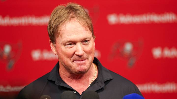 Aug 6, 2026; Tampa, FL, USA; former Tampa Bay Buccaneers coach John Gruden talks to media before training camp at AdventHealth Training Center. Mandatory Credit: Nathan Ray Seebeck-Imagn Images