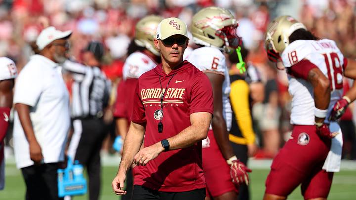 Sep 19, 2026; Tuscaloosa, Alabama, USA; Florida State Seminoles head coach Mike Norvell warms up his team before a game against the Alabama Crimson Tide at Saban Field at Bryant-Denny Stadium. Mandatory Credit: David Leong-Imagn Images