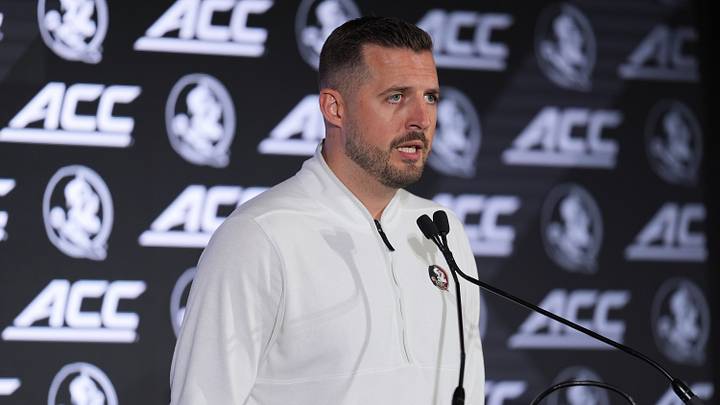 Oct 7, 2026; Charlotte, NC, USA; Florida State Seminoles head coach Luke Loucks answer questions from the media during the ACC Tip-Off in Charlotte, NC. Mandatory Credit: Jim Dedmon-Imagn Images